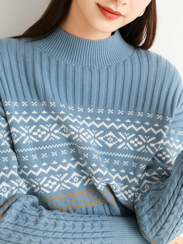 Blue Stand Collar Geometry Pattern Knit Sweaters