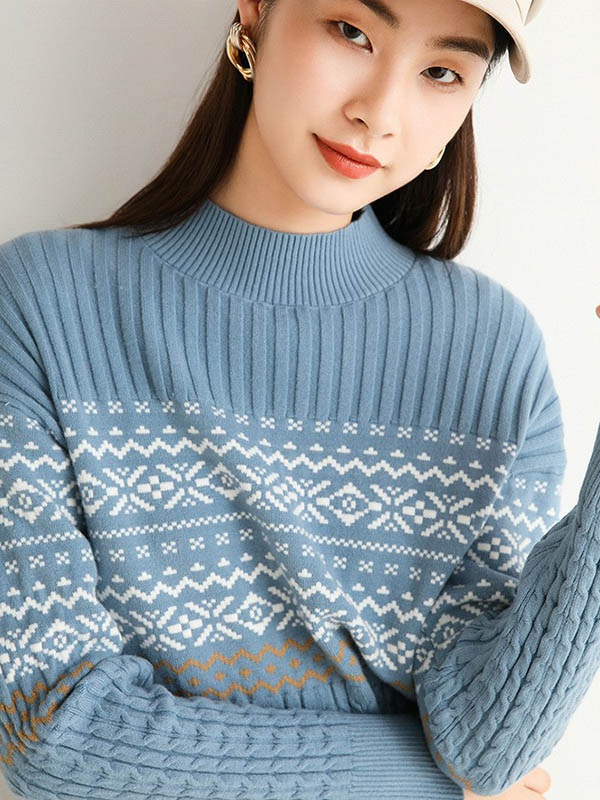 Blue Stand Collar Geometry Pattern Knit Sweaters