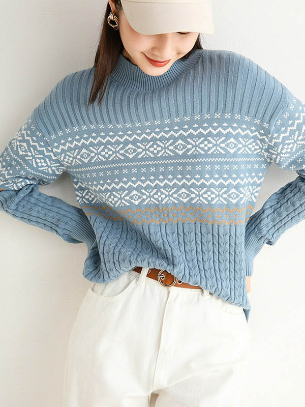 Blue Stand Collar Geometry Pattern Knit Sweaters