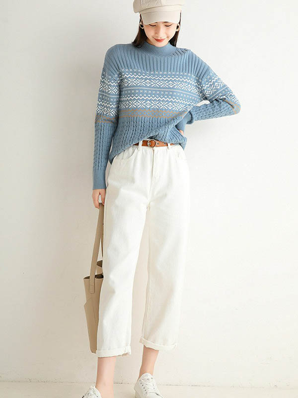 Blue Stand Collar Geometry Pattern Knit Sweaters