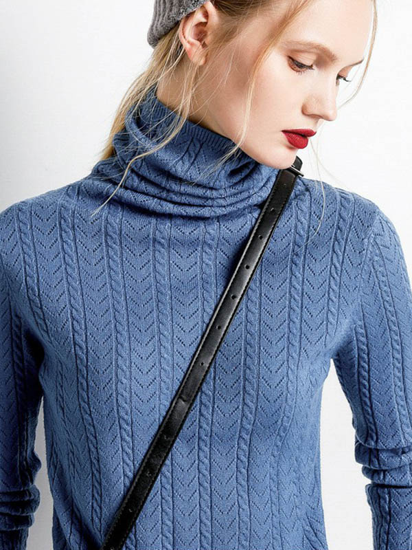 Blue Funnel Neck Hollow Elements Knit Sweaters