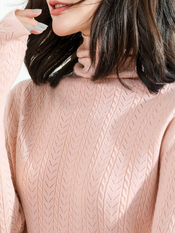 Pink Funnel Neck Hollow Elements Knit Sweaters