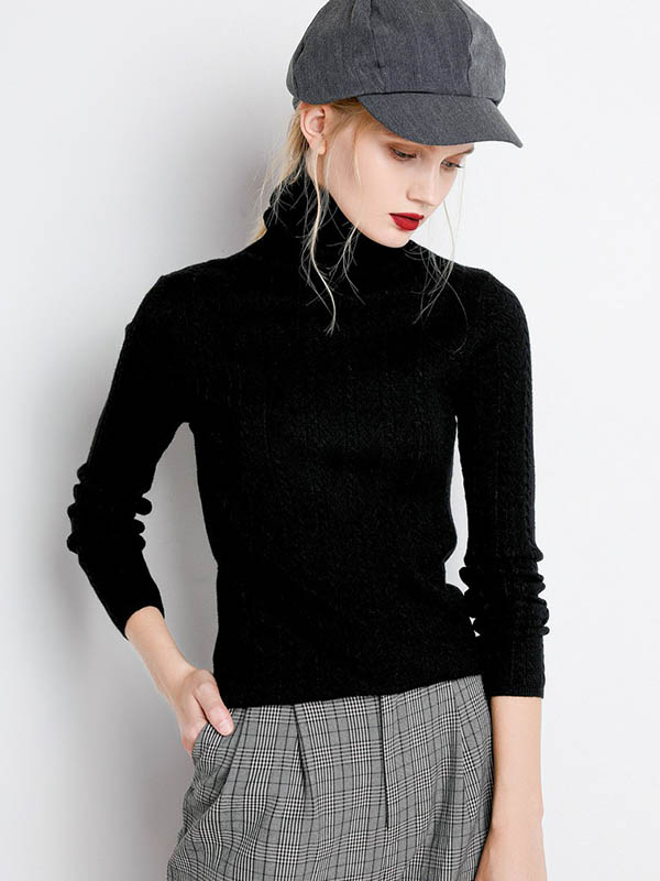 Black Funnel Neck Hollow Elements Knit Sweaters