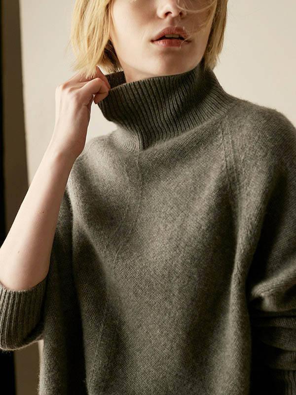 Grey Turtleneck Oversize Knit Sweaters