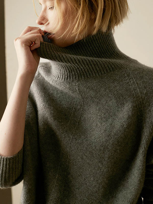 Grey Turtleneck Oversize Knit Sweaters