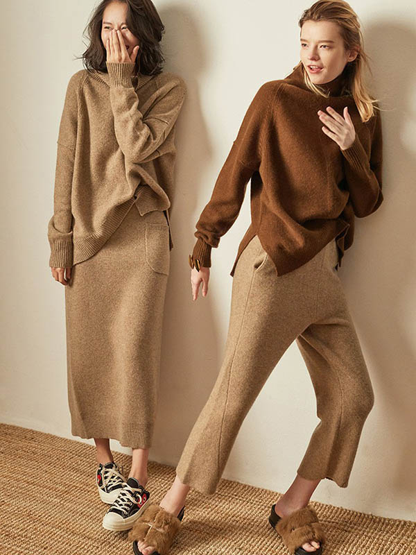 Brown Turtleneck Oversize Knit Sweaters