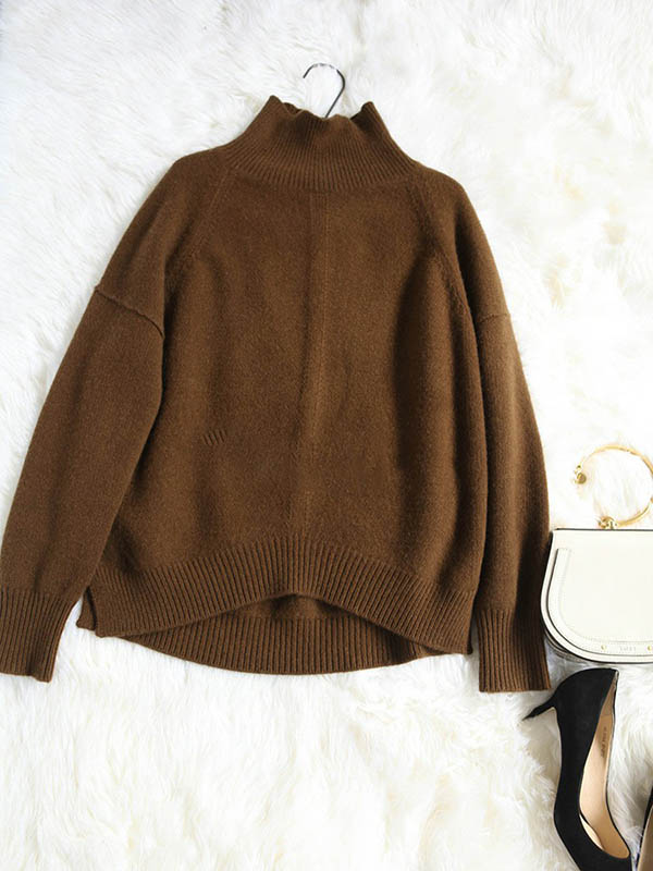 Brown Turtleneck Oversize Knit Sweaters