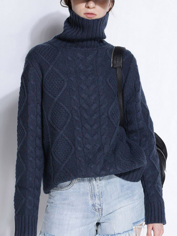 Navy Blue Turtleneck Oversize Heavy Knitted Sweaters