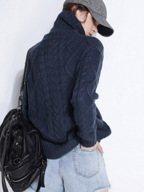 Navy Blue Turtleneck Oversize Heavy Knitted Sweaters