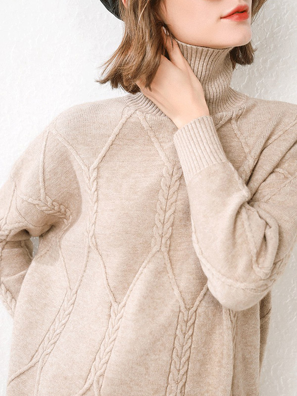 Camel Split Elements Oversize Turtleneck Knit Sweaters