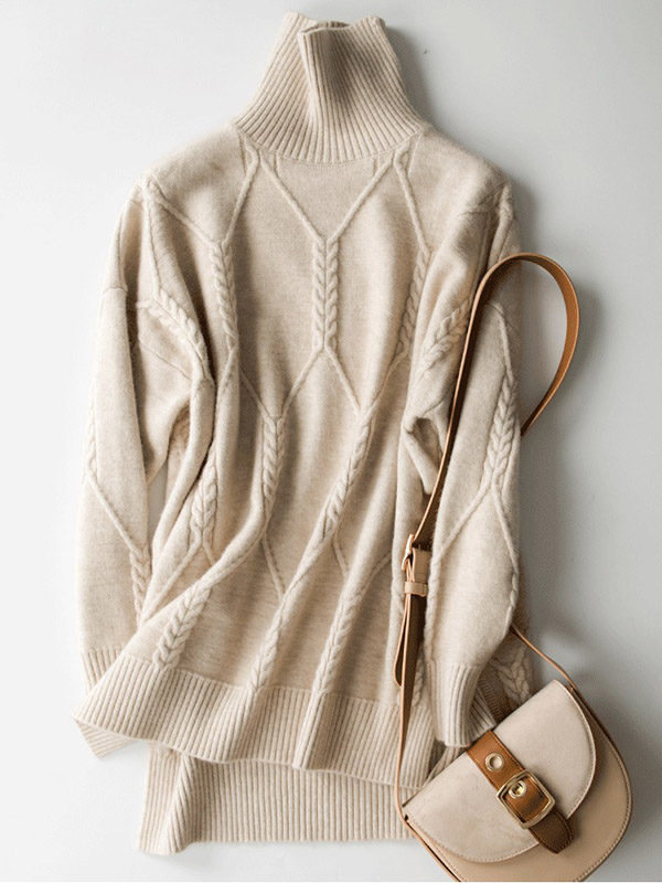 Camel Split Elements Oversize Turtleneck Knit Sweaters