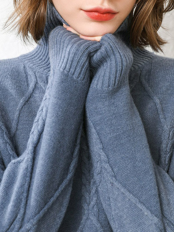 Blue Split Elements Oversize Turtleneck Knit Sweaters