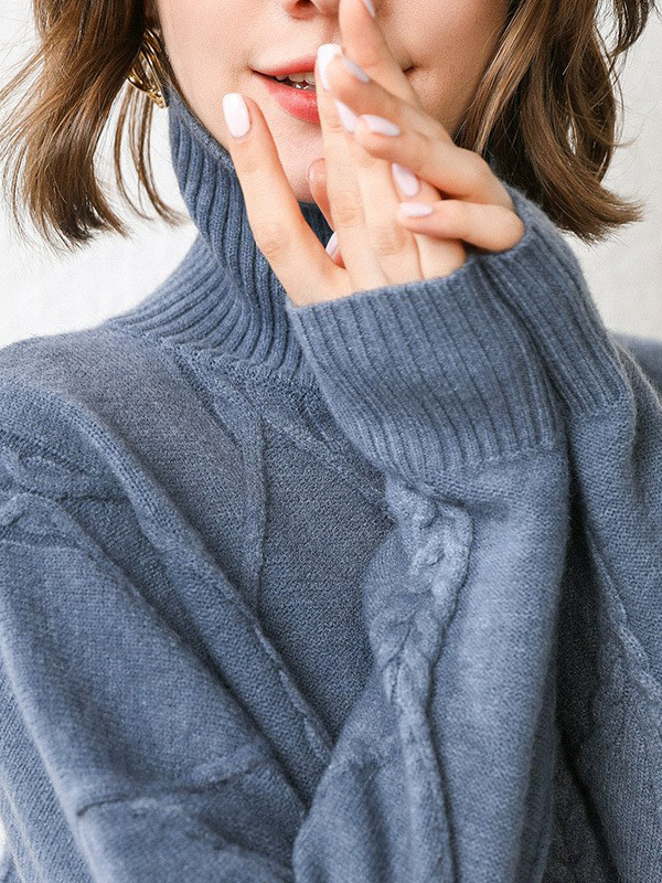 Blue Split Elements Oversize Turtleneck Knit Sweaters