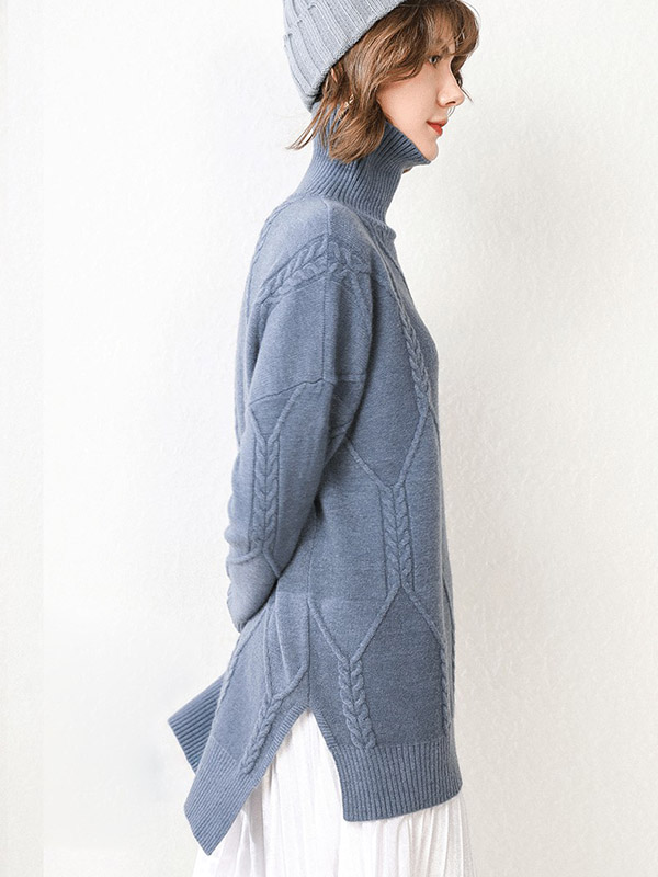 Blue Split Elements Oversize Turtleneck Knit Sweaters