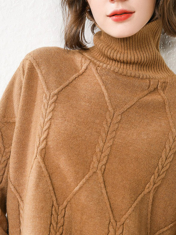 Brown Split Elements Oversize Turtleneck Knit Sweaters