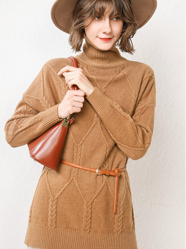 Brown Split Elements Oversize Turtleneck Knit Sweaters