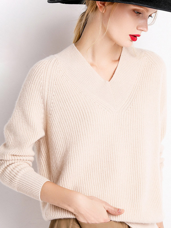 Beige V-neck Slim Fine Knitted Sweaters