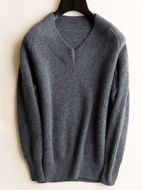 Grey V-neck Slim Fine Knitted Sweaters