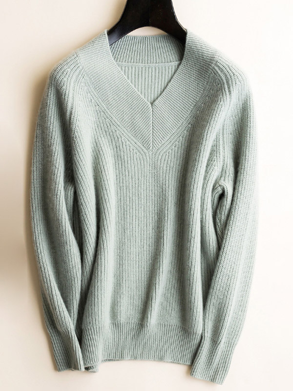 Green V-neck Slim Fine Knitted Sweaters