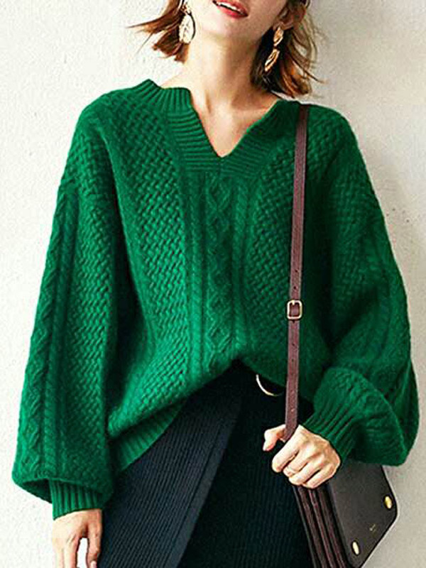 Green Oversize V-neck Lantern Sleeves Knit Sweaters