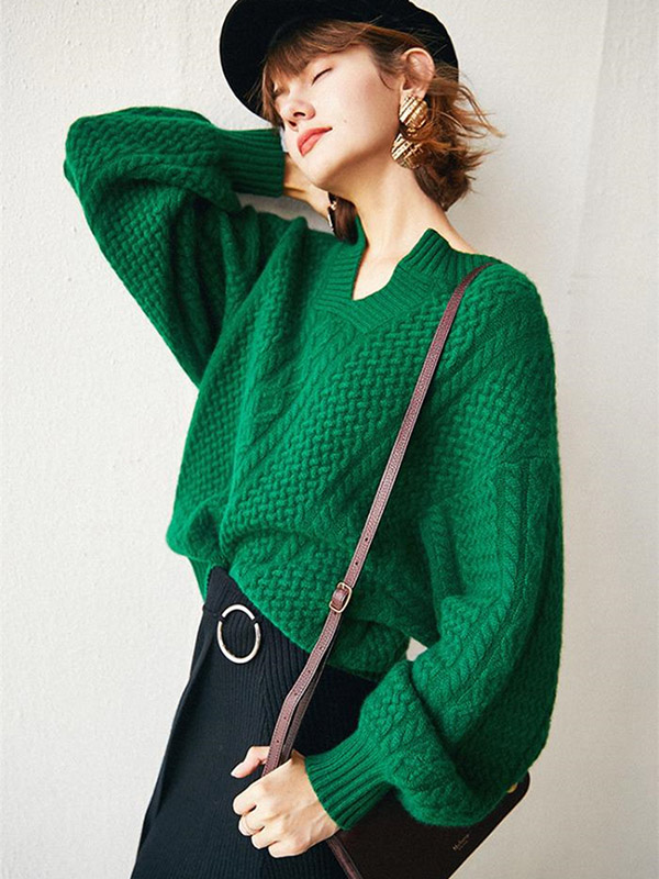 Green Oversize V-neck Lantern Sleeves Knit Sweaters