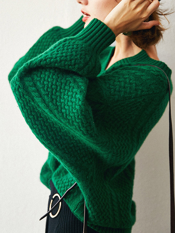 Green Oversize V-neck Lantern Sleeves Knit Sweaters