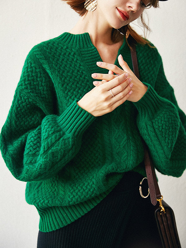 Green Oversize V-neck Lantern Sleeves Knit Sweaters