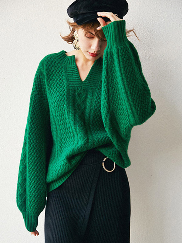 Green Oversize V-neck Lantern Sleeves Knit Sweaters