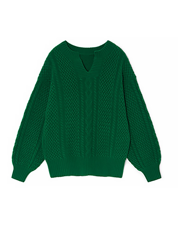 Green Oversize V-neck Lantern Sleeves Knit Sweaters