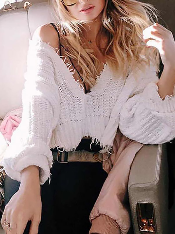 White V-neck Tassel Knit Sweaters