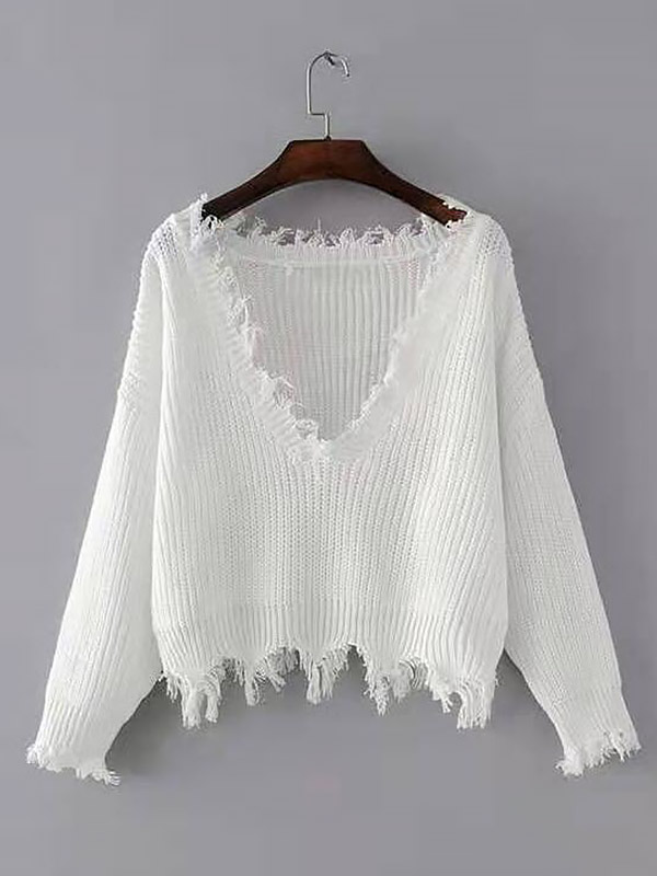 White V-neck Tassel Knit Sweaters