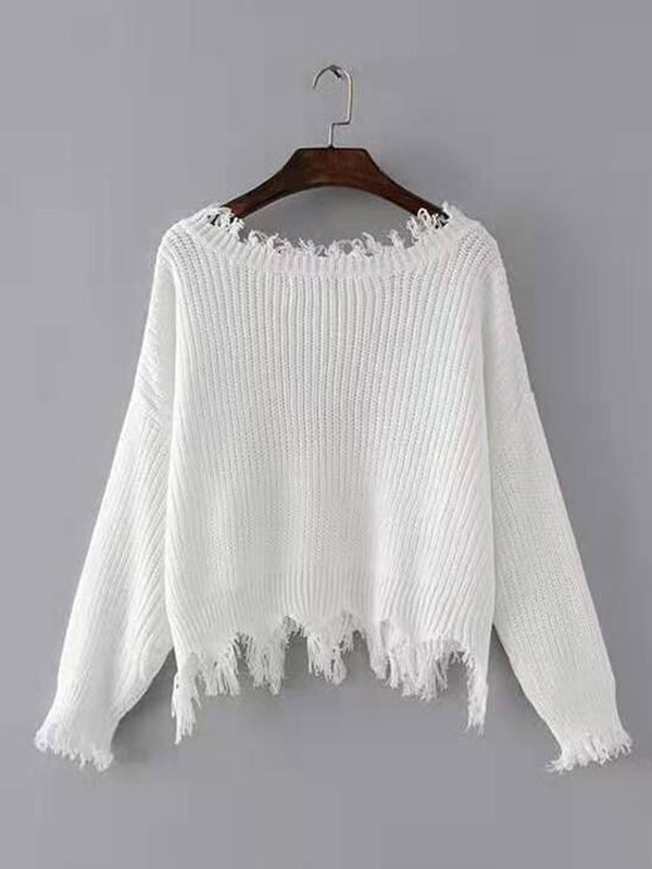 White V-neck Tassel Knit Sweaters