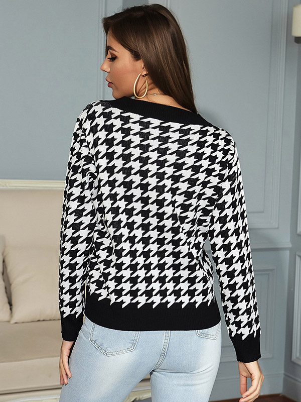 Black Oversize V-neck Houndstooth Loose Knit Sweaters