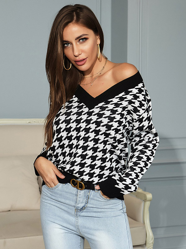 Black Oversize V-neck Houndstooth Loose Knit Sweaters