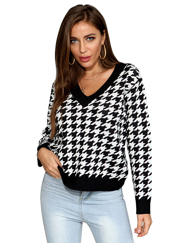 Black Oversize V-neck Houndstooth Loose Knit Sweaters