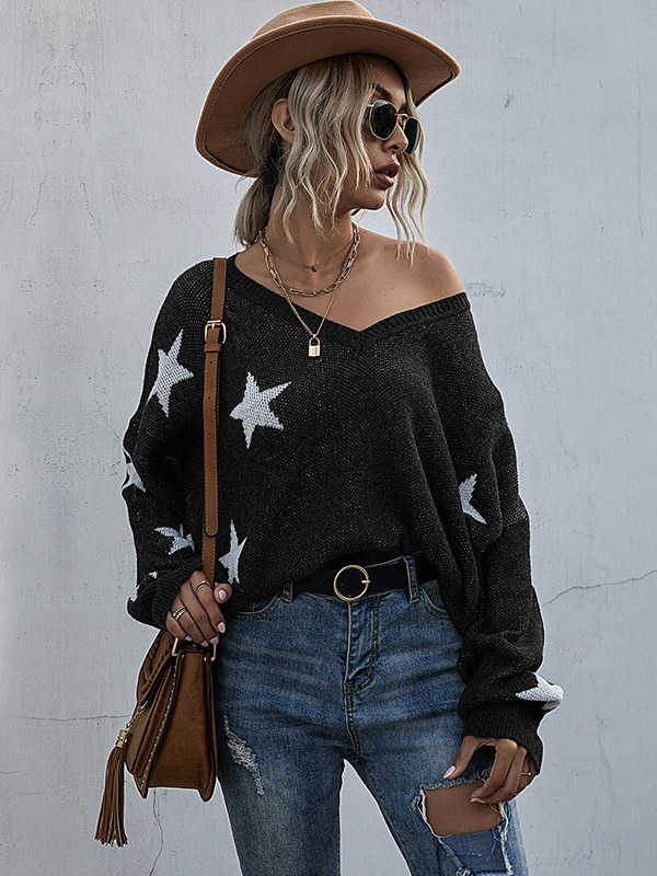 Black V-neck Printed Stars Pattern Knit Sweaters