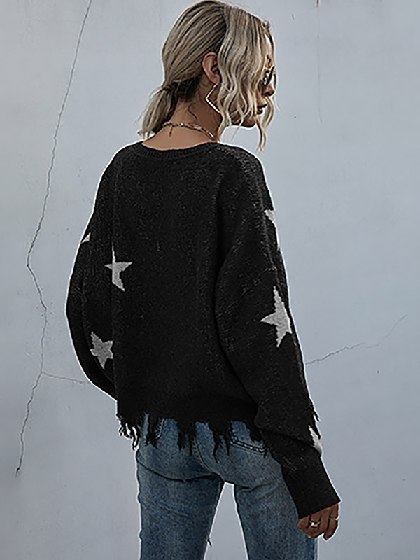 Black V-neck Printed Stars Pattern Knit Sweaters