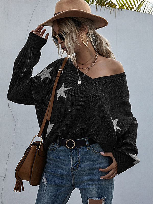 Black V-neck Printed Stars Pattern Knit Sweaters