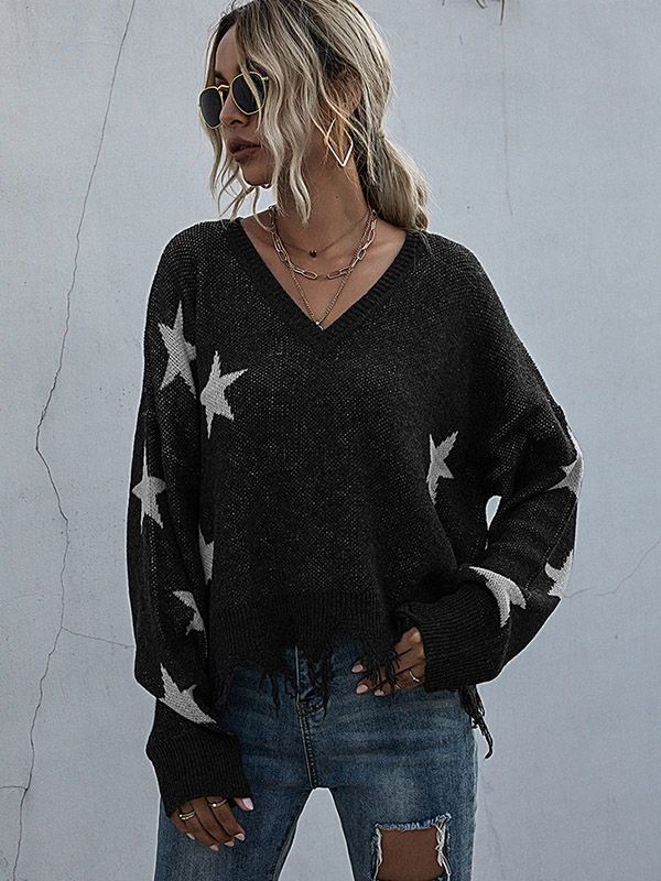 Black V-neck Printed Stars Pattern Knit Sweaters