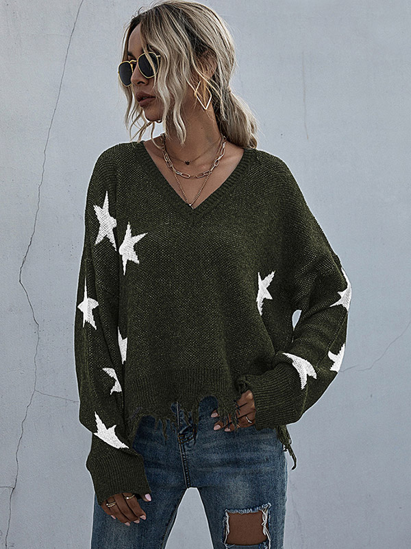 Green V-neck Printed Stars Pattern Knit Sweaters