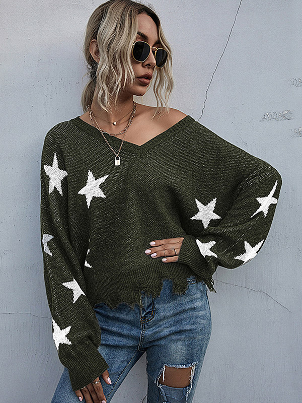 Green V-neck Printed Stars Pattern Knit Sweaters