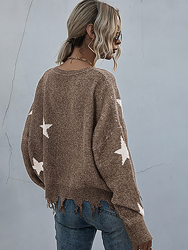 Khaki V-neck Printed Stars Pattern Knit Sweaters