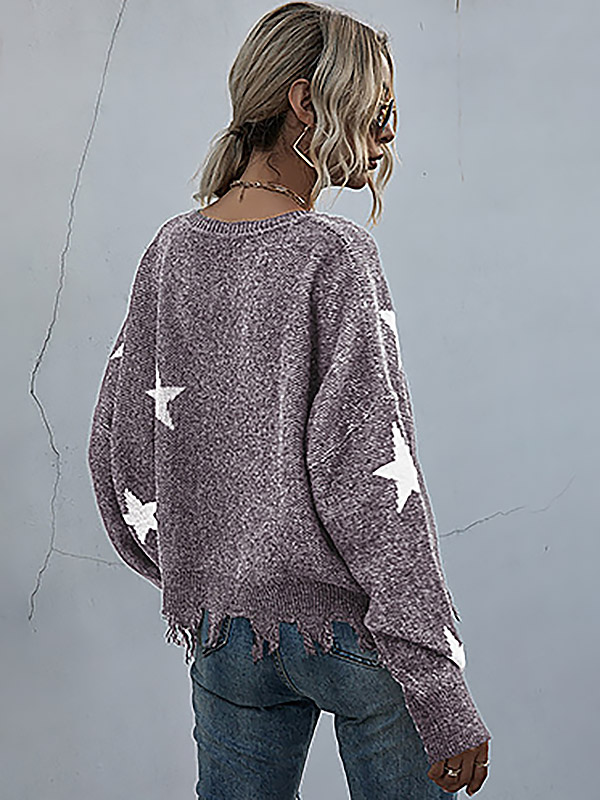 Purple V-neck Printed Stars Pattern Knit Sweaters