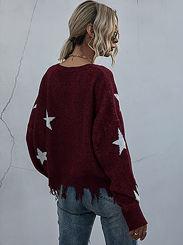 Red V-neck Printed Stars Pattern Knit Sweaters