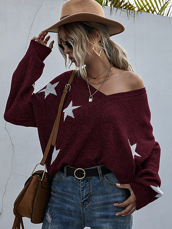 Red V-neck Printed Stars Pattern Knit Sweaters