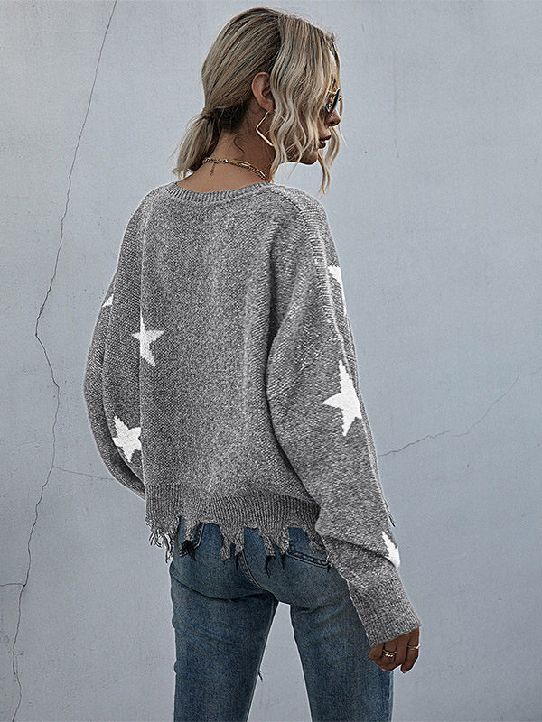 Grey V-neck Printed Stars Pattern Knit Sweaters