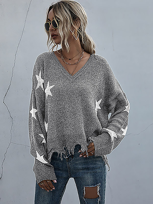 Grey V-neck Printed Stars Pattern Knit Sweaters