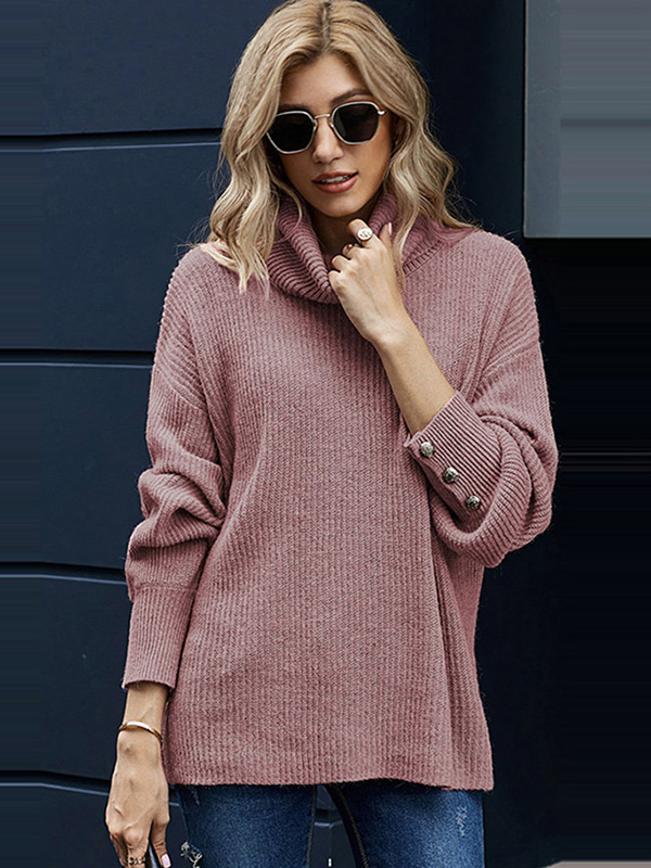 Pink Oversize Funnel Neck Button Details Knit Sweaters