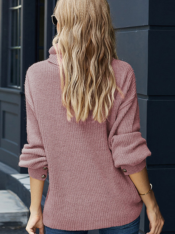 Pink Oversize Funnel Neck Button Details Knit Sweaters