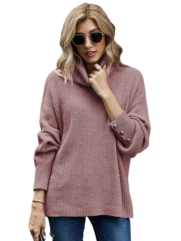 Pink Oversize Funnel Neck Button Details Knit Sweaters